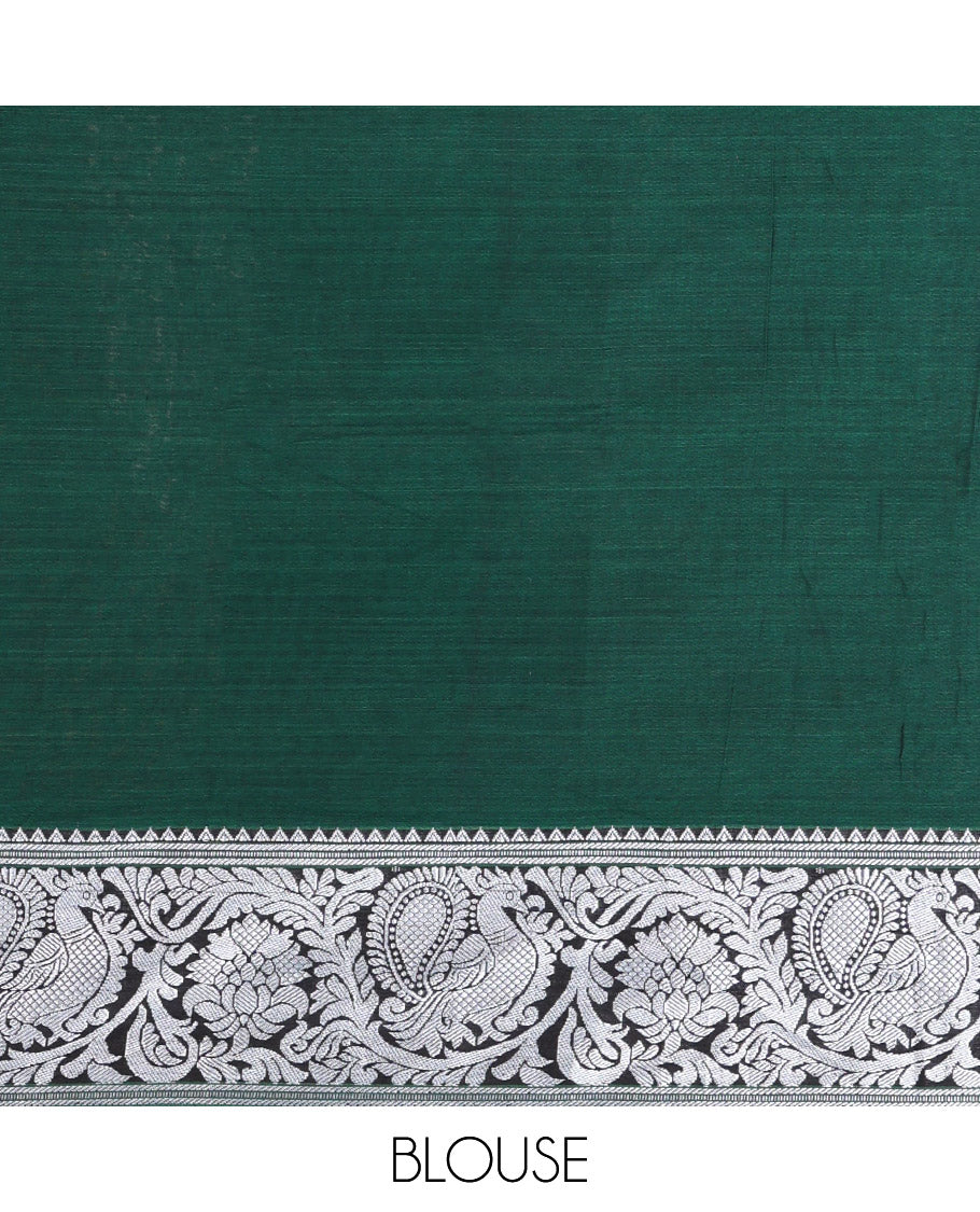 Green Plain Mercerised Cotton Saree, Highlighted by a Self-Border of Temple, Peacock, and Floral Designs, Striped Pallu, and Paired with a Matching Blouse