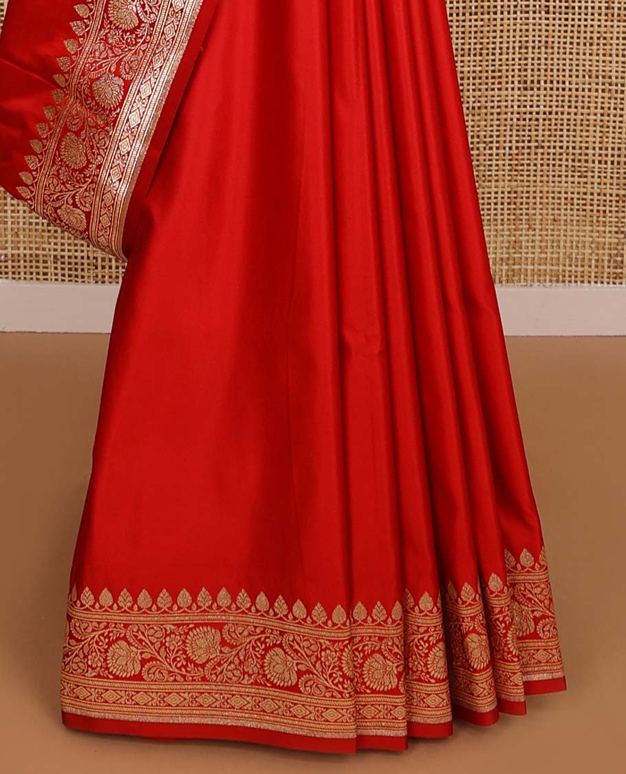 Red semi banaras nylon saree with self floral design border & floral design pallu