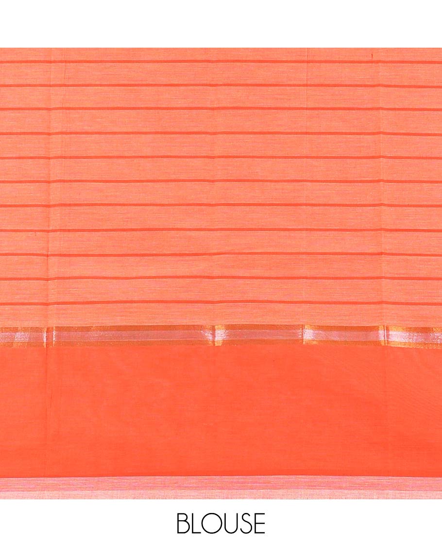 Orange striped chirla cottton saree with contrast border & checked pallu