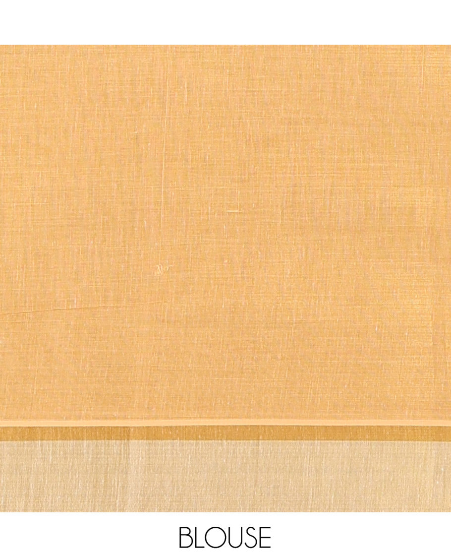 Gold Kerala Cotton Saree, Graced with Bell Motif Print, a Zari Border, Pallu of Elephant Motifs, and a Contrast Blouse