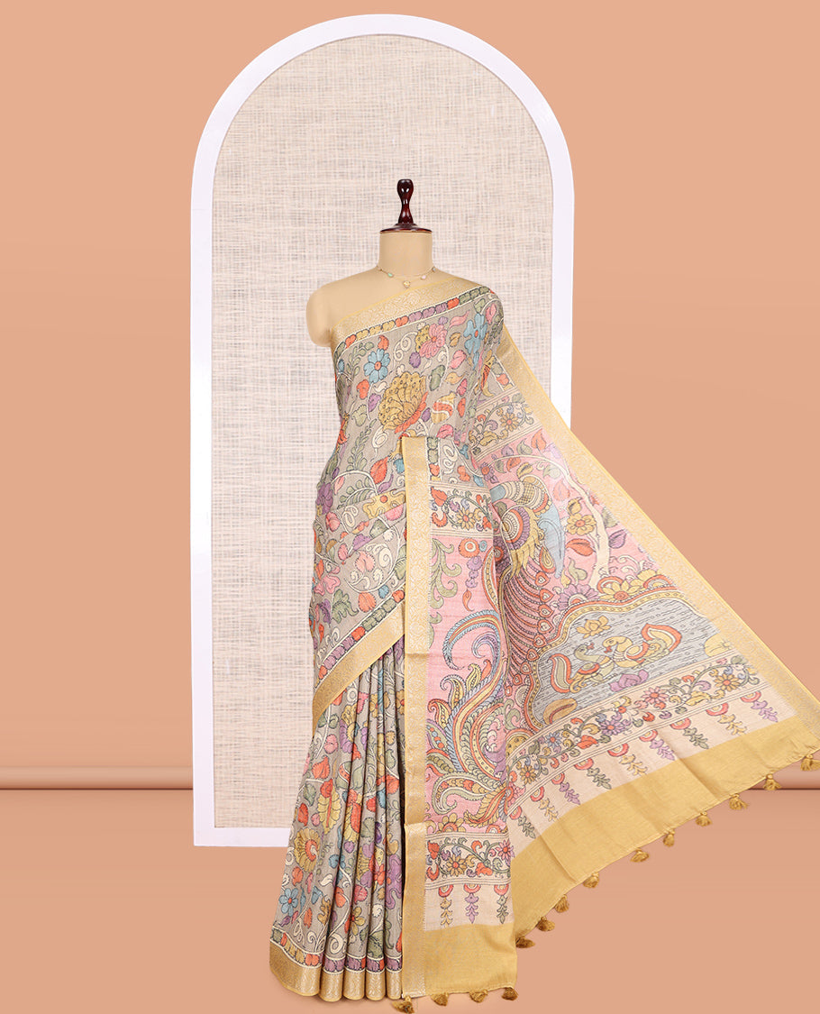 Grey Kalamkari Printed Fancy Tussar Saree