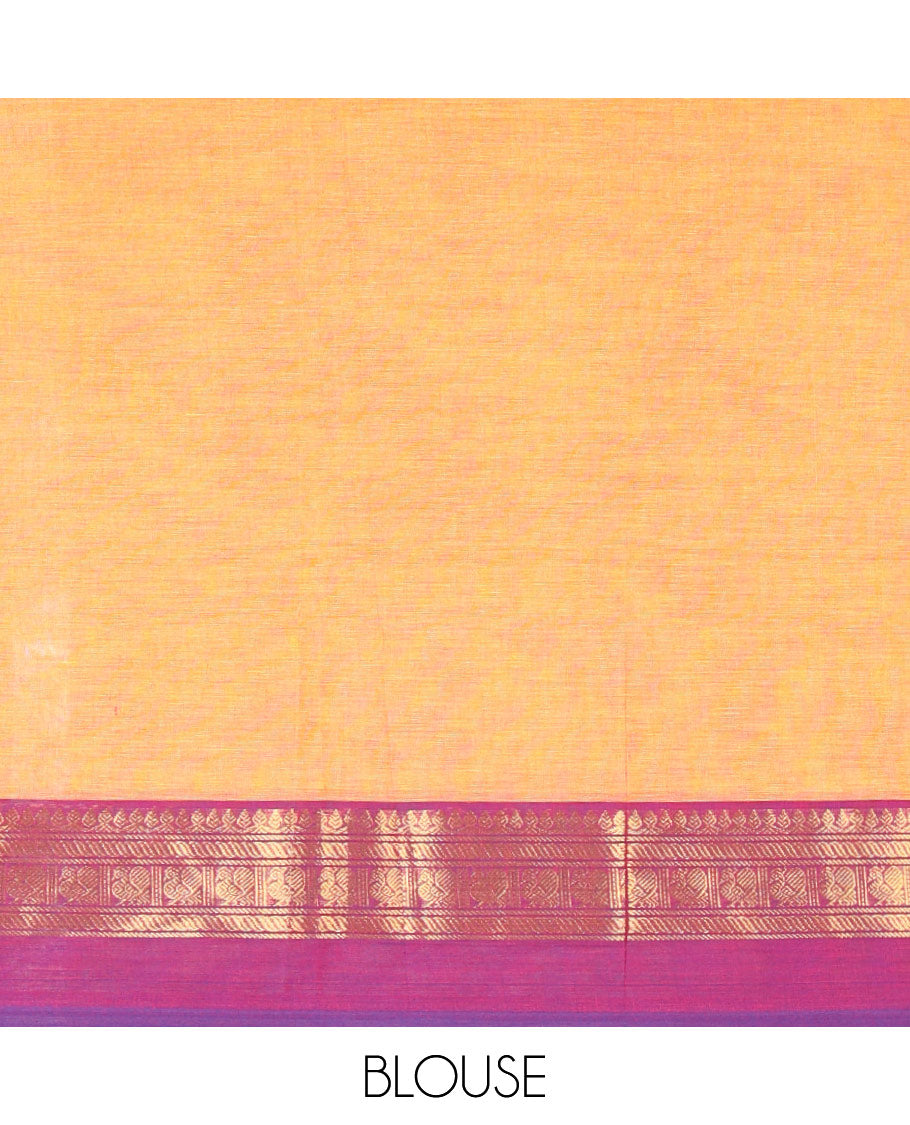 Orange plain Chettinad cotton saree, contrast traditional zari kaal erangina ganga jamuna border, striped pallu, and a matching blouse