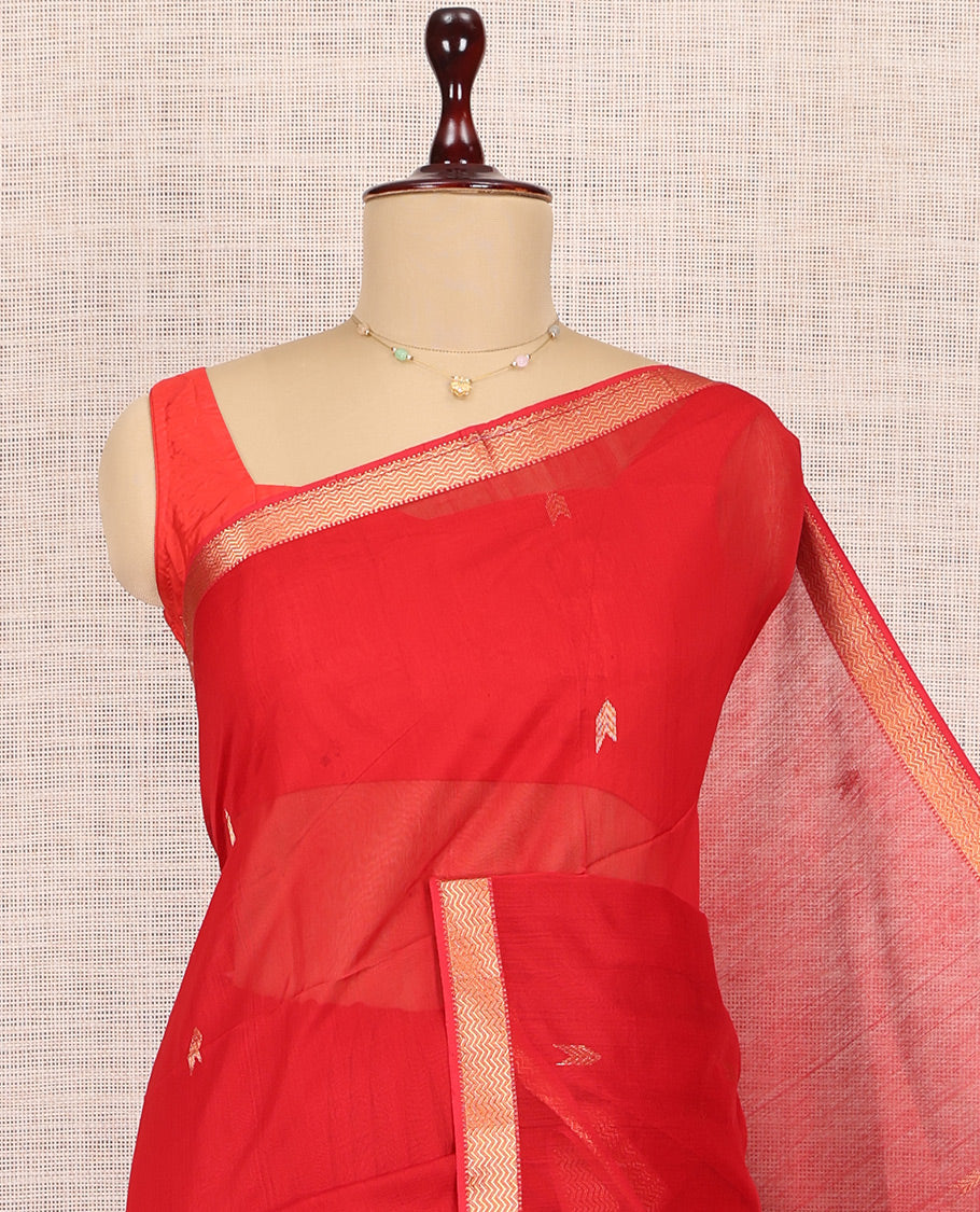 Red Maheshwari Cotton Saree, Accentuated with Buttas, Highlighted by a Chevron Zari Border, Pallu of Zari Buttas, and a Matching Blouse