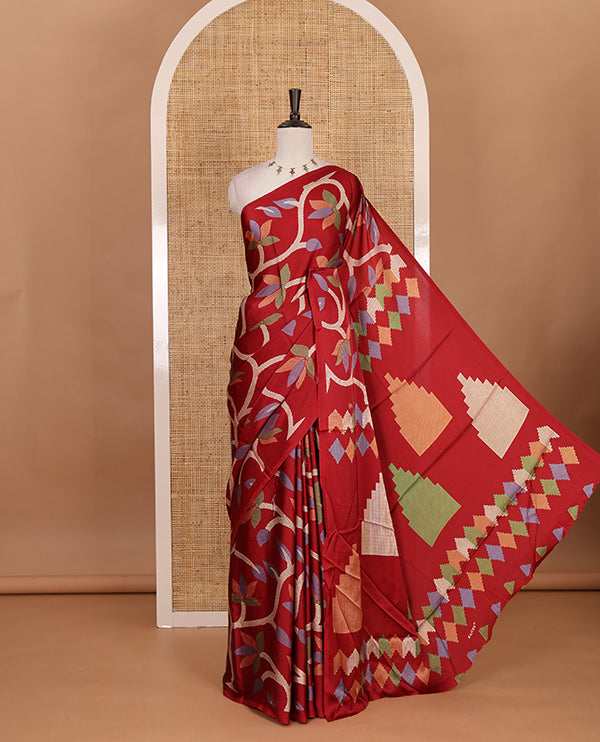 Borderless maroon jamdani weaving design gajji silk saree and jamdani design self pallu along with printed blouse