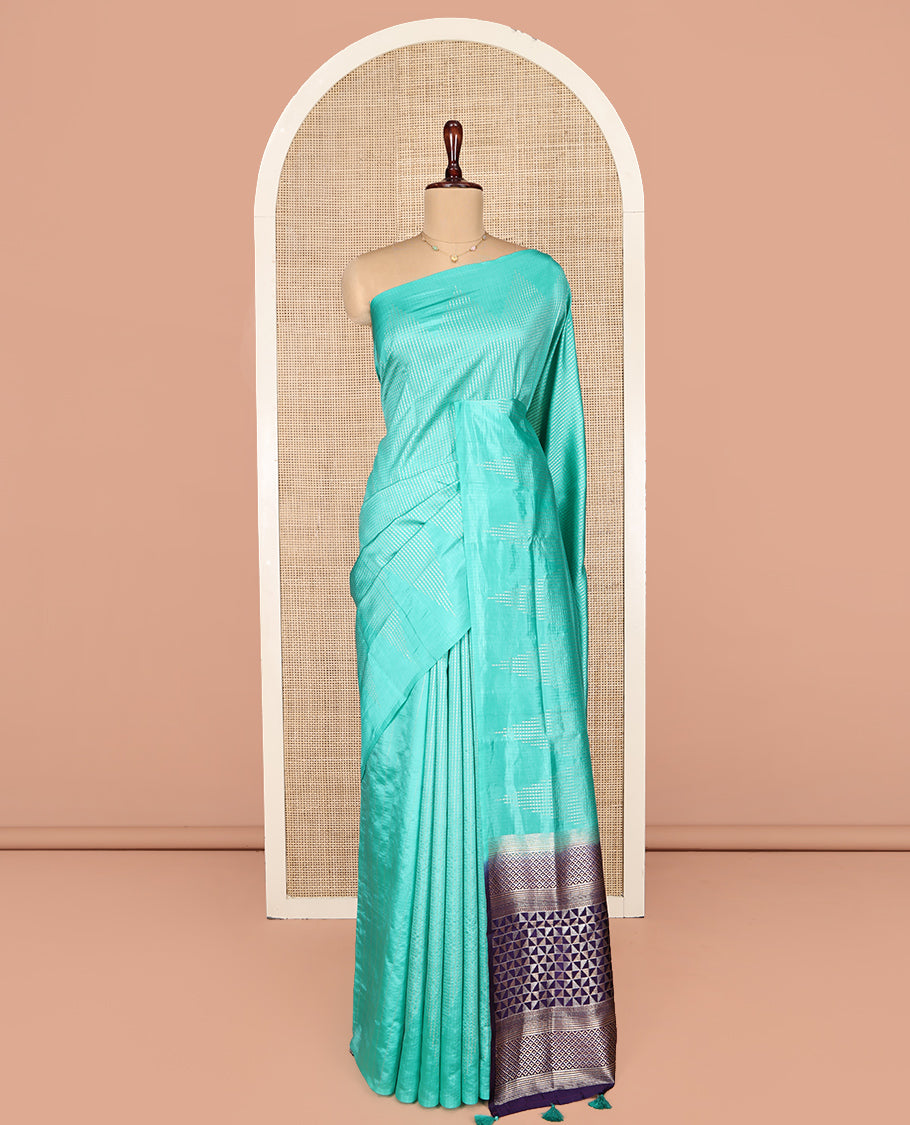 Turquoise Dupion Silk Saree, Mesmerized with Micro-Checks, Highlighted by Temple Border, Complemented by a Contrast Geometric-Patterned Pallu, and a Contrast Blouse