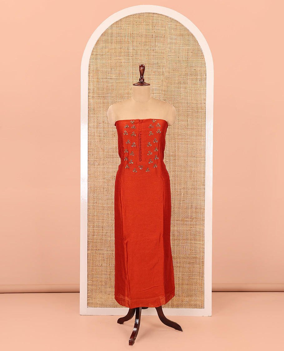 Rust Vichitra Silk Material Chudidar Set Features a Bead-Sequin Embroidered Top, a Santoon Bottom, and an Embroidered Dupatta