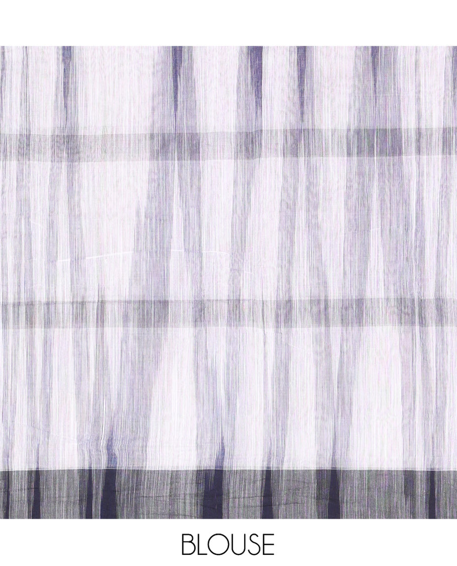 White-Navy Khadi Cotton Saree, Woven with Ikat Buttas, Contrast Blouse, Ikat Pallu, Matching Blouse