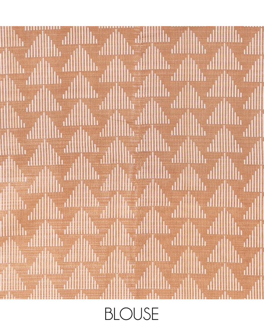 Grey and Brown Tissue Saree, Elevated with Horizontal Stripes and Geometric Motifs Printed All Over Its Body, Complemented by a Contrast-Printed Border, Pallu Depicts Geometric Patterns, and Paired with a Contrast Geometric Printed Blouse