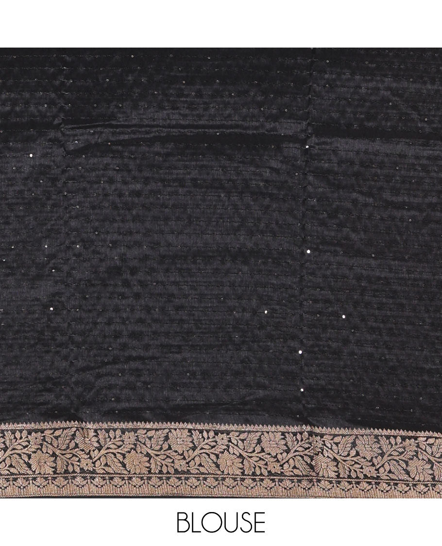 Black Dola Silk Saree Featuring Sequin Stripes and Pichwai Cow Motifs, Decorated with a Floral Creeper Zari-Woven Border, a Printed Pallu, Paired with a Matching Blouse