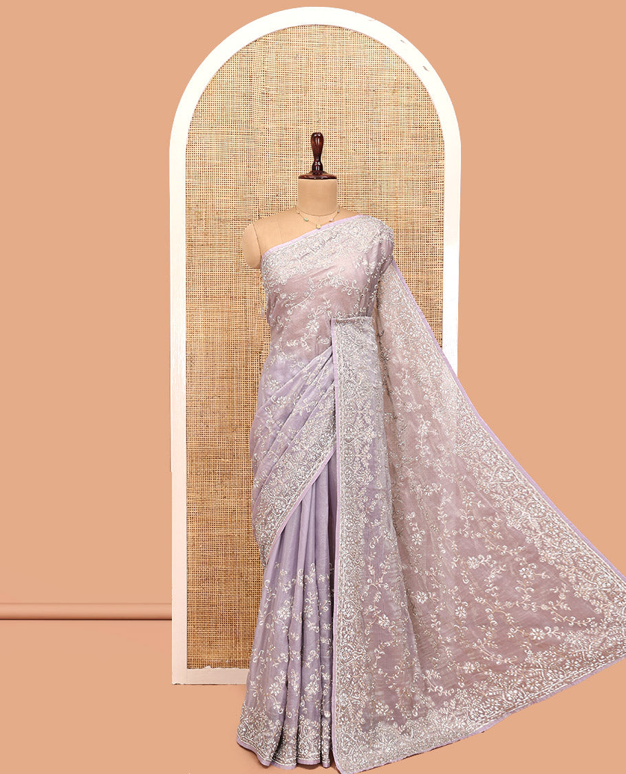 Light Lavender Designer Saree, Scintillated with Floral Vine Stone Embroidery, a Stone Embroidered Border, and a Matching Blouse