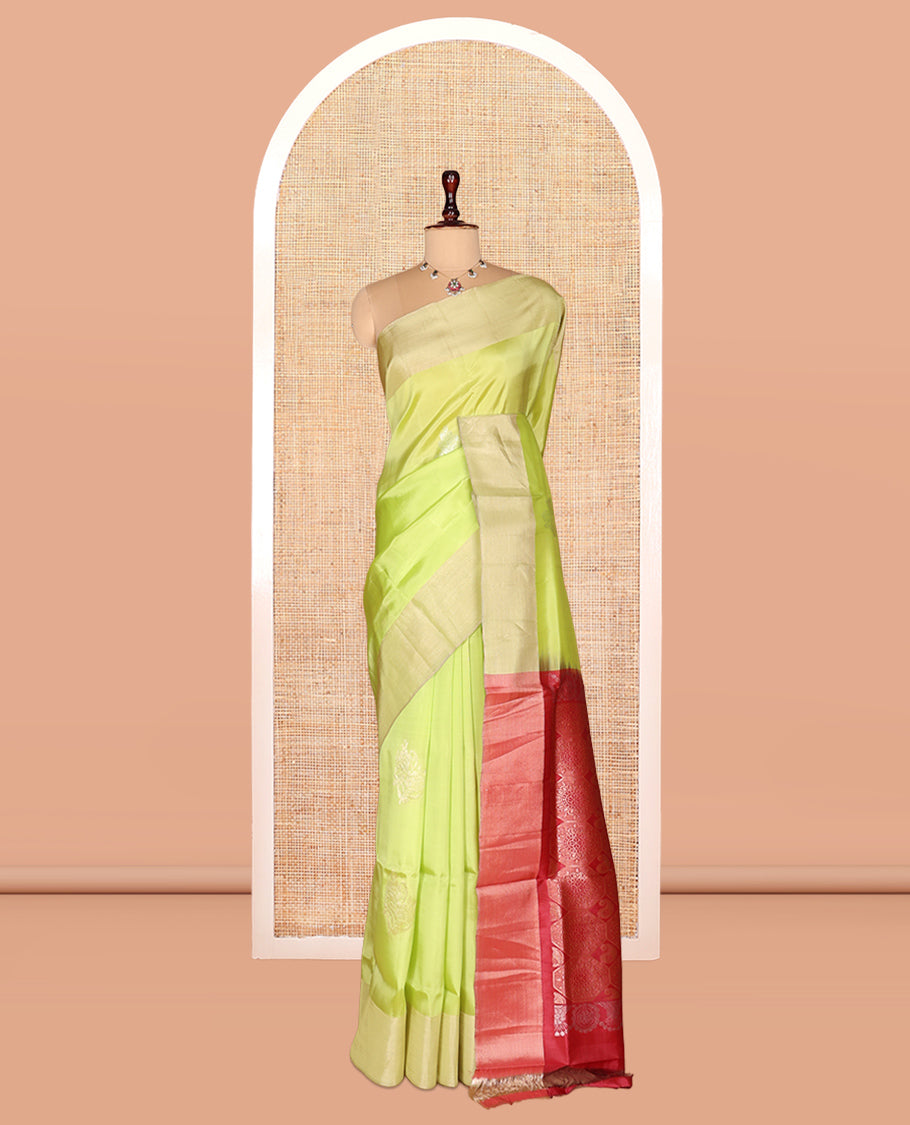 Green Semi Uppada Saree, Decked Up with Zari Buttas, a Bavanji Border, Contrast Intricate Pallu, and a Contrast Blouse