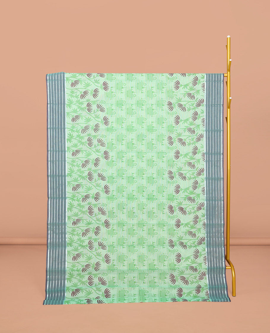 Mint Green Chirala Cotton Saree, Decked Up with Swan and Floral Print, Contrast Striped Border, Floral Printed Pallu, and a Matching Blouse