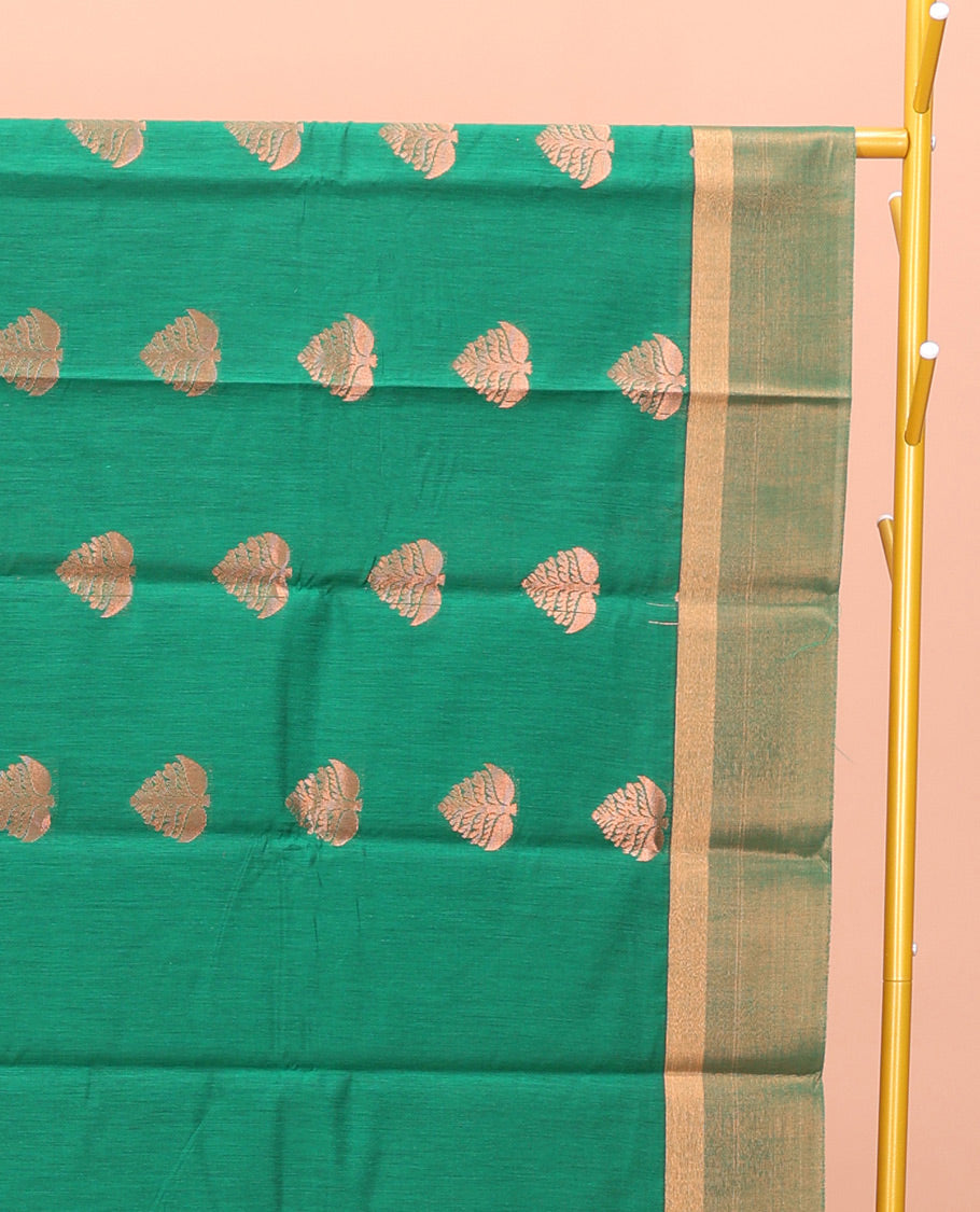 Green Semi-Silk Cotton Saree, Highlighted by Zari Buttas All Over Its Body, Highlighted by a Zari Border, Pallu of Intricate Zari Design, and Paired with a Matching Blouse