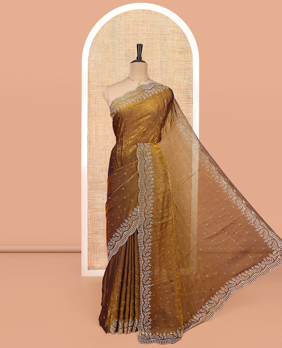 Green Designer Saree, Spotlighted with Stones All Over Its Body, a Floral Embroidered Border, and Matching Blouse