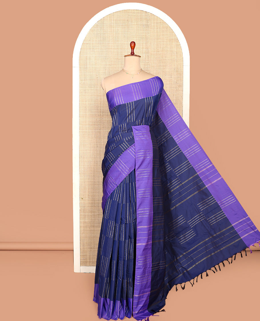 Blue Aarani Silk Saree, Masterfully Woven with Muthu Stripes on Its Body, Complemented by a Contrast Zari Striped Border, Striped Pallu, and Paired with a Matching Blouse