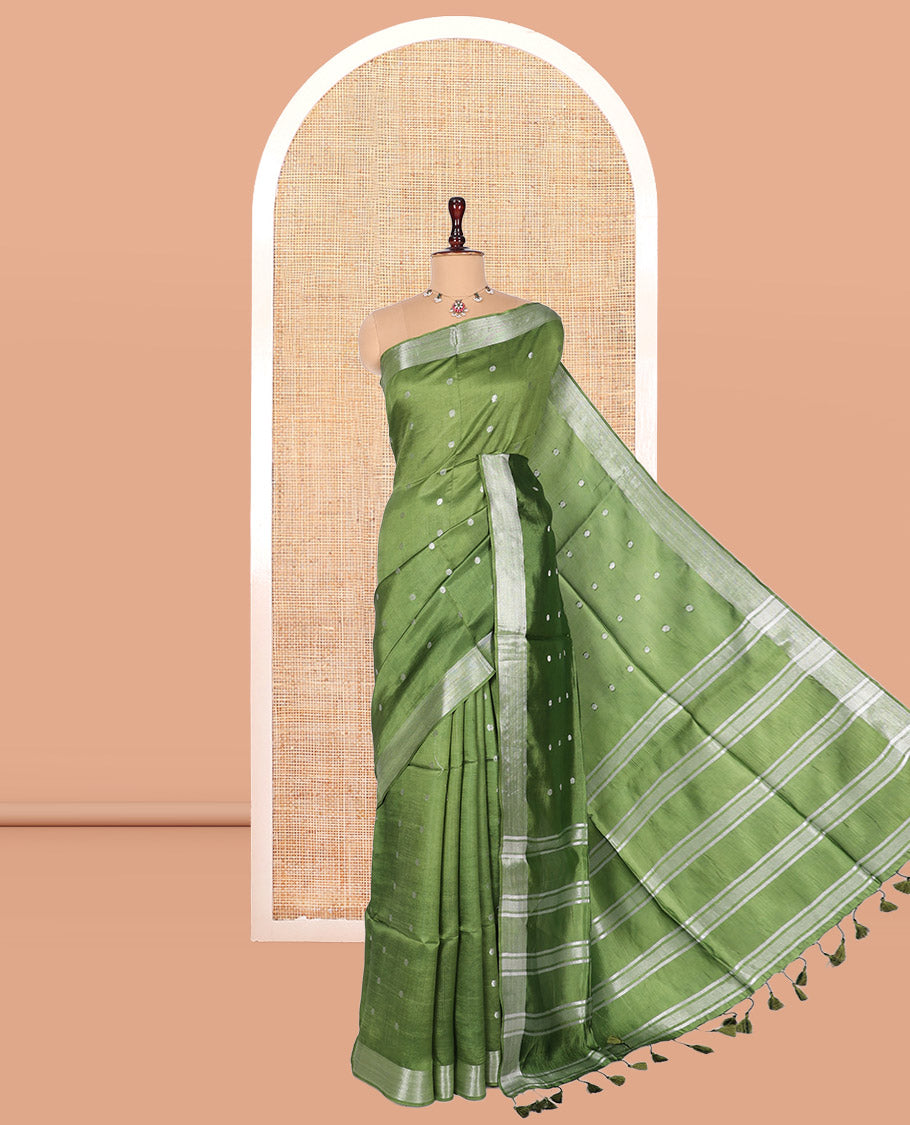Green Banana Pith Saree, Adorned with Buttas, a Zari Border, Striped Pallu, and Matching Blouse