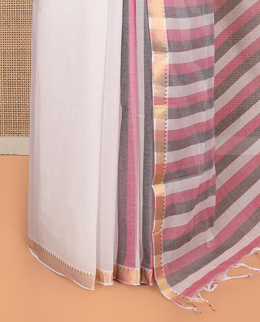 White Plain Andhra Cotton Saree, Mesmerized with Temple Zari Border, Contrast Striped Pallu, and a Contrast Blouse