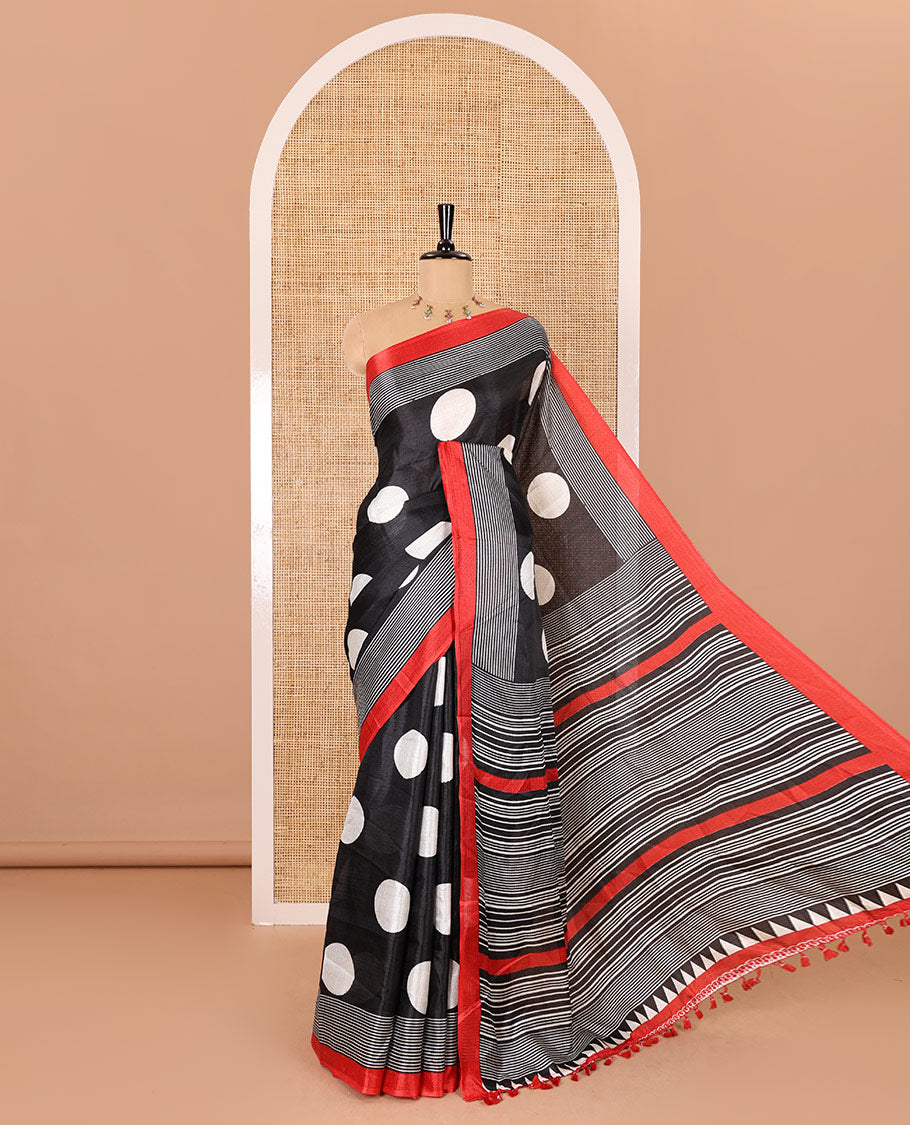 Black polka dots printed art khadi cotton saree, contrast striped border, striped pallu, and a contrast striped blouse
