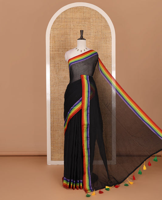 Inky black plain khadi mul cotton saree, contrast rainbow color striped border and plain colorful bordered blouse