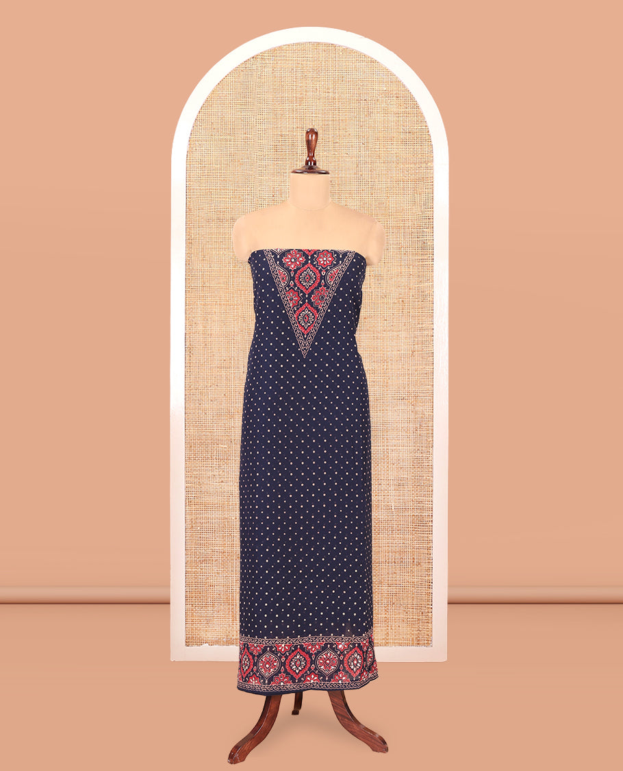 Navy Blue Georgette Material Churidar Set, Polka Dot and Ajrakh Neck Work Top, a Matching Bottom, and Ajrakh Printed Dupatta