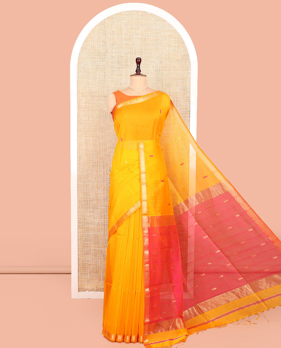 Yellow Maheshwari Cotton Saree, Subtly Sparkled with Buttas All Over Its Body, Subtly Sparkled Traditional Zari Border, Contrast Zari Buttas Woven Pallu, and Paired with a Contrast Blouse