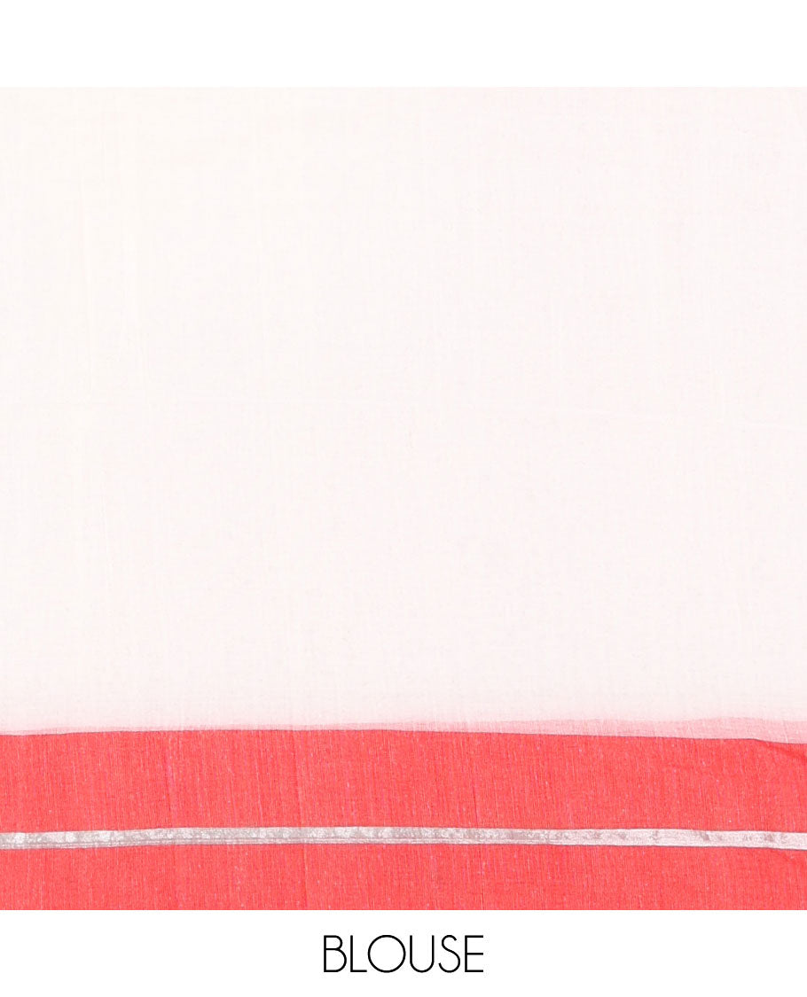 Cream and Red Plain Khadi Mul Cotton Saree, Complemented by Contrast Horizontal Striped Border, Plain Pallu, and Paired with a Matching Blouse