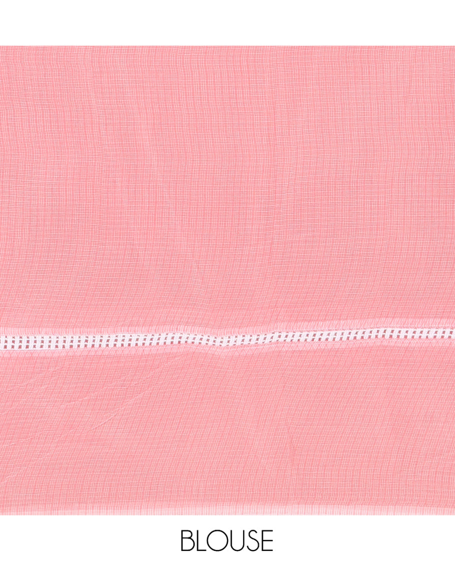 Peach Kota Doria Saree, Subtly Sparkled With Buttas, a Floral-Bird Thread Work Border, a Self-Pallu, a Matching Blouse