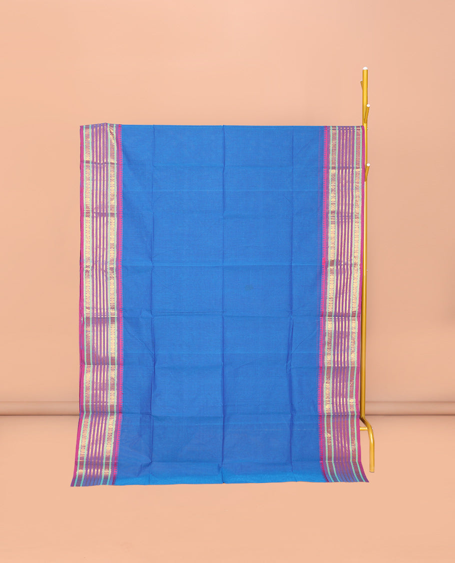 Blue Plain Chettinad Cotton Saree, Complemented by a Contrast Traditional Zari Design Woven Varisai Pettu Border, Pallu of Stripes, and Paired with a Matching Blouse