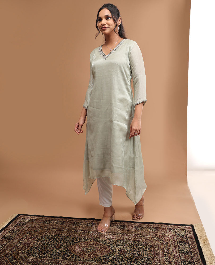 Grey embroidery v neck , 3/4 th sleeve , below knee length kurti