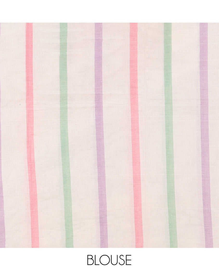 Borderless Off-White Kerala Cotton Saree Features Multi-color Stripes, and a Matching Blouse