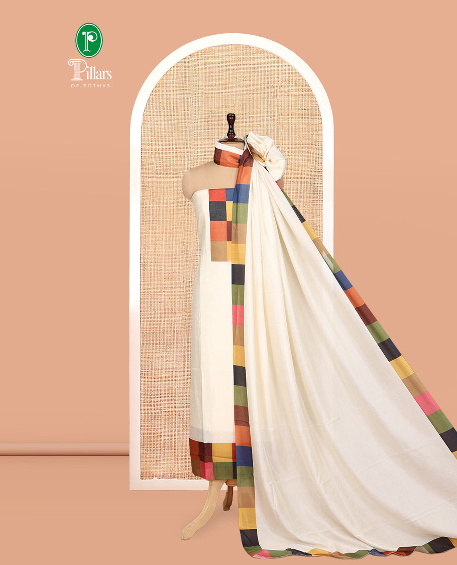 Cream Semi-Silk Material Churidar, Adorned with Multi-Color Checked Top, a Plain Bottom, a Checked Bordered Plain Dupatta