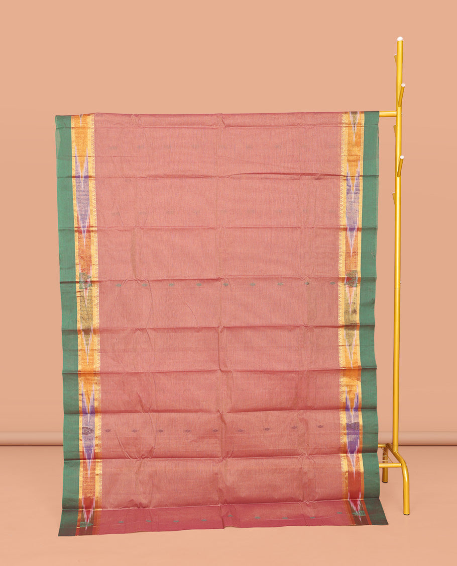 Pink Chettinad Cotton Saree, Sparsely Threaded with Buttas All Over Its Body, Complemented by a Contrast Ikkat Border, Pallu of Unique Designs, and Paired with a Matching Blouse