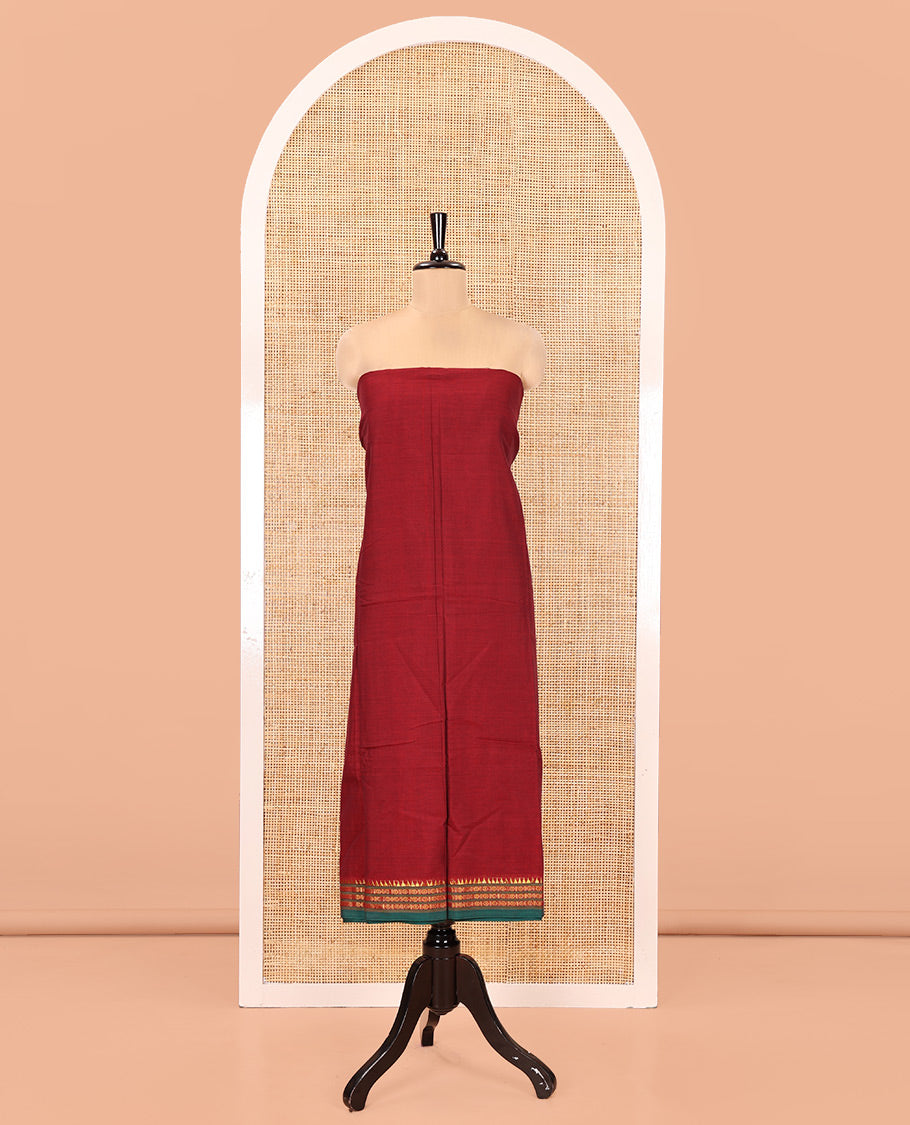 Maroon Mercerised Cotton Material Chudidar Set, Elevated with Rudraksham-Temple Bordered Top, a Mercerised Cotton Bottom, and Paired with a Matching Mercerised Cotton Rudraksham-Temple Bordered Dupatta