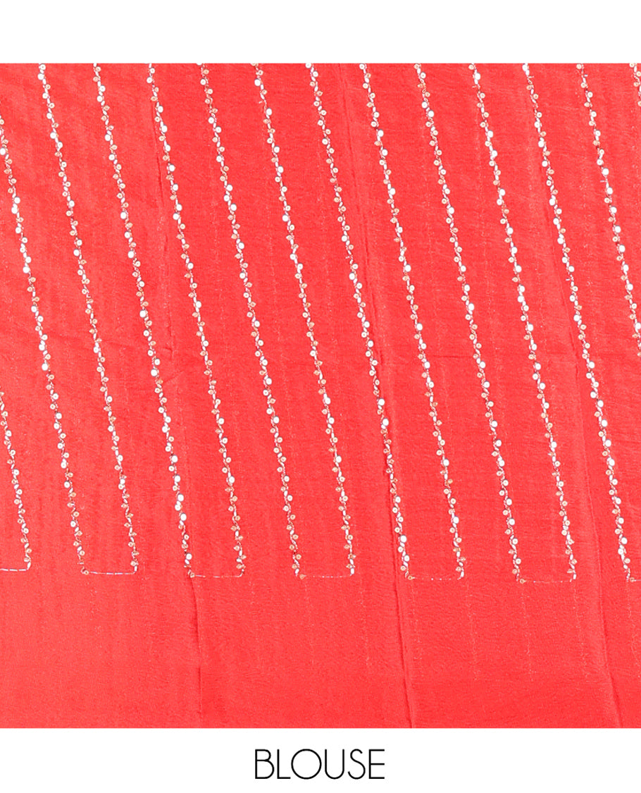 Borderless Red Plain Crushed Rangoli Chiffon Saree, Comes with a Matching Designer Blouse