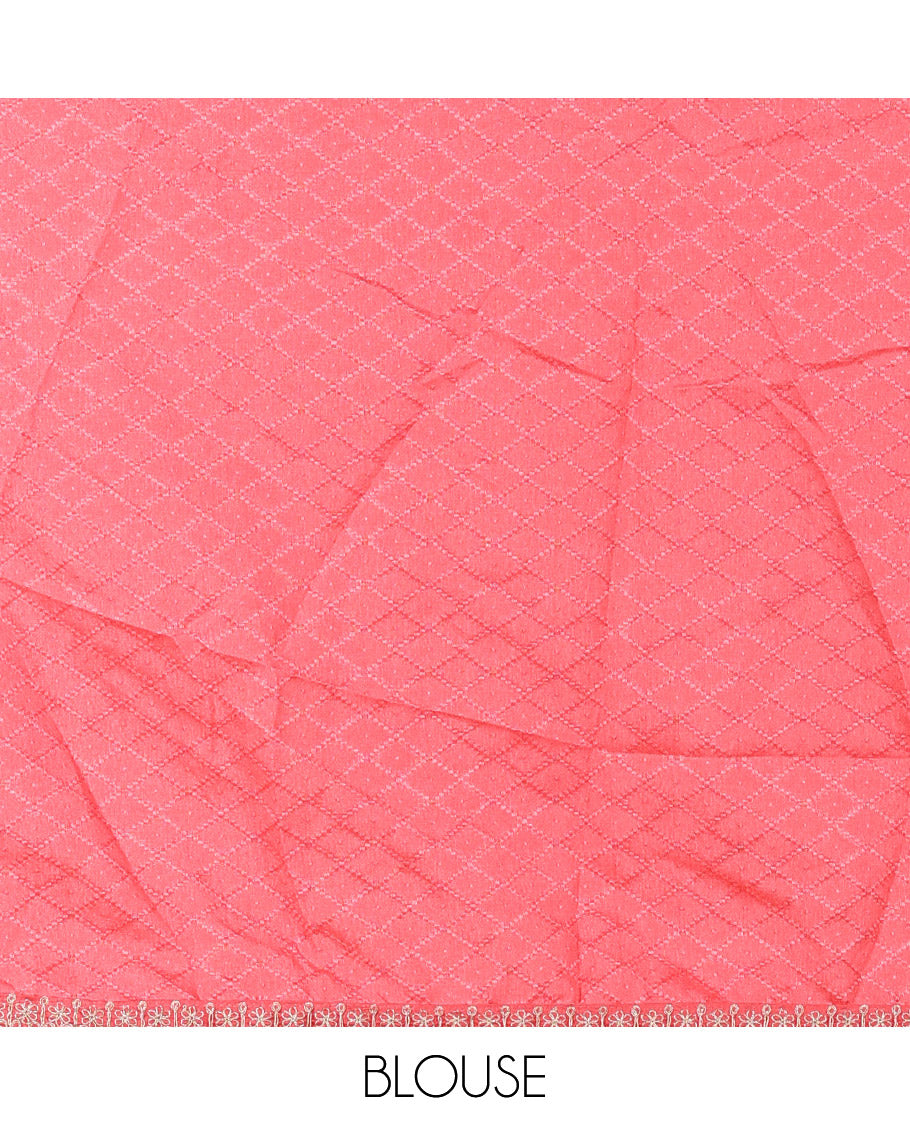 Pink Weightless Chiffon Saree Spotlighted with Leaf Vine Print, Sparkling Glitter Work, and Colorful Floral Motifs Thread Embroidery on Its Body, Comes with a Piping Embroidered Border, and a Matching Jaal Embroidered Blouse