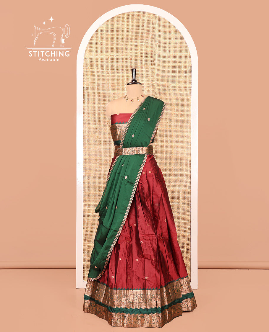 Red-Green Semi-Banarasi Half-Saree Featuring Buttas Skirt, Contrast Traditional Border, Matching Blouse, and Embroidered Satin Georgette Dhavani