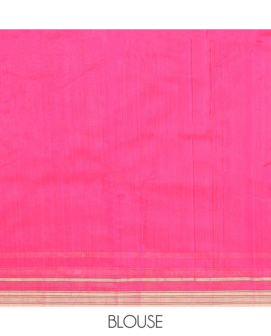 Pink Chanderi Cotton Saree, Ornamented with Buttas All Over Its Body, Complemented by a Contrast Zari Border, Pallu Steeped with Buttas and Stripes, and Paired with a Matching Blouse