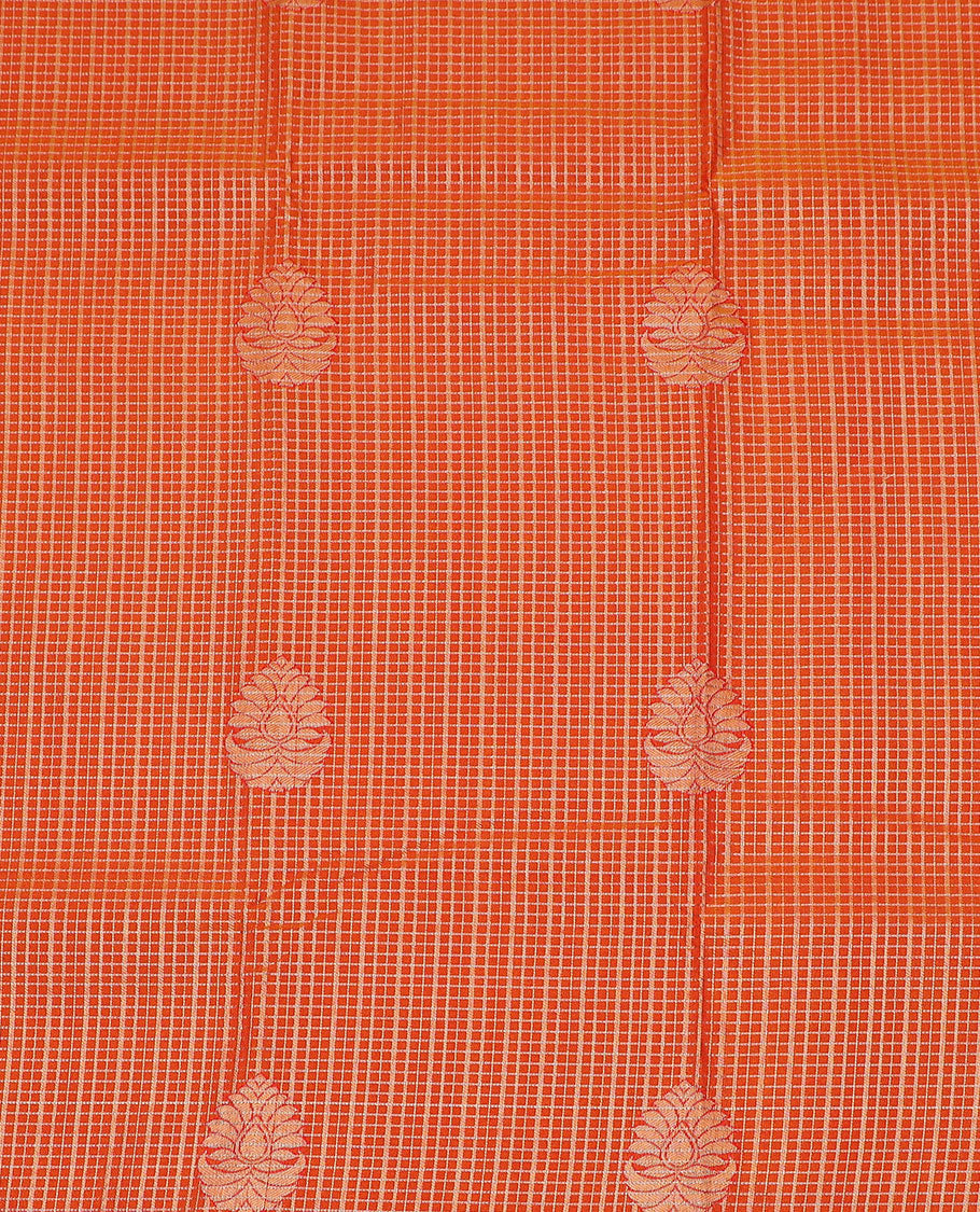 Orange art-silk pavadai material set, micro-zari checked & zari buttas woven pavadai with contrast blouse & traditional zari design border