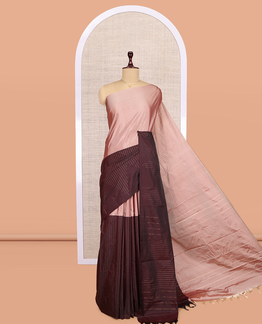 Borderless Peach-Brown Arani Saree, Crafted with Zari Stripes, a Self-Pallu, and a Matching Blouse