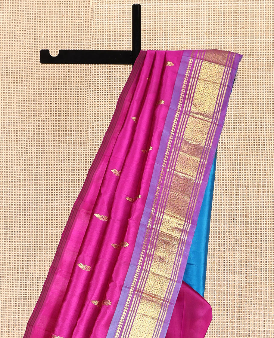 Pink Kanchipuram Silk Saree Featuring Zari Buttas, Complemented by a Contrast One-Sided Border of Panner Sombu, Banaras, Muthu, and Jaal Designs, Grand Pallu, and No Blouse