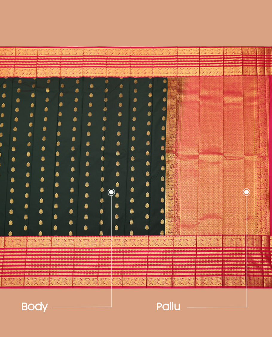 Deep Green Budget Silk Saree, Enlivened with Zari Buttas All Over Its Body, Complemented by a Contrast Traditional Zari Design Border of Rudraksham Designs, Grand Pallu, and Paired with a Contrast Blouse