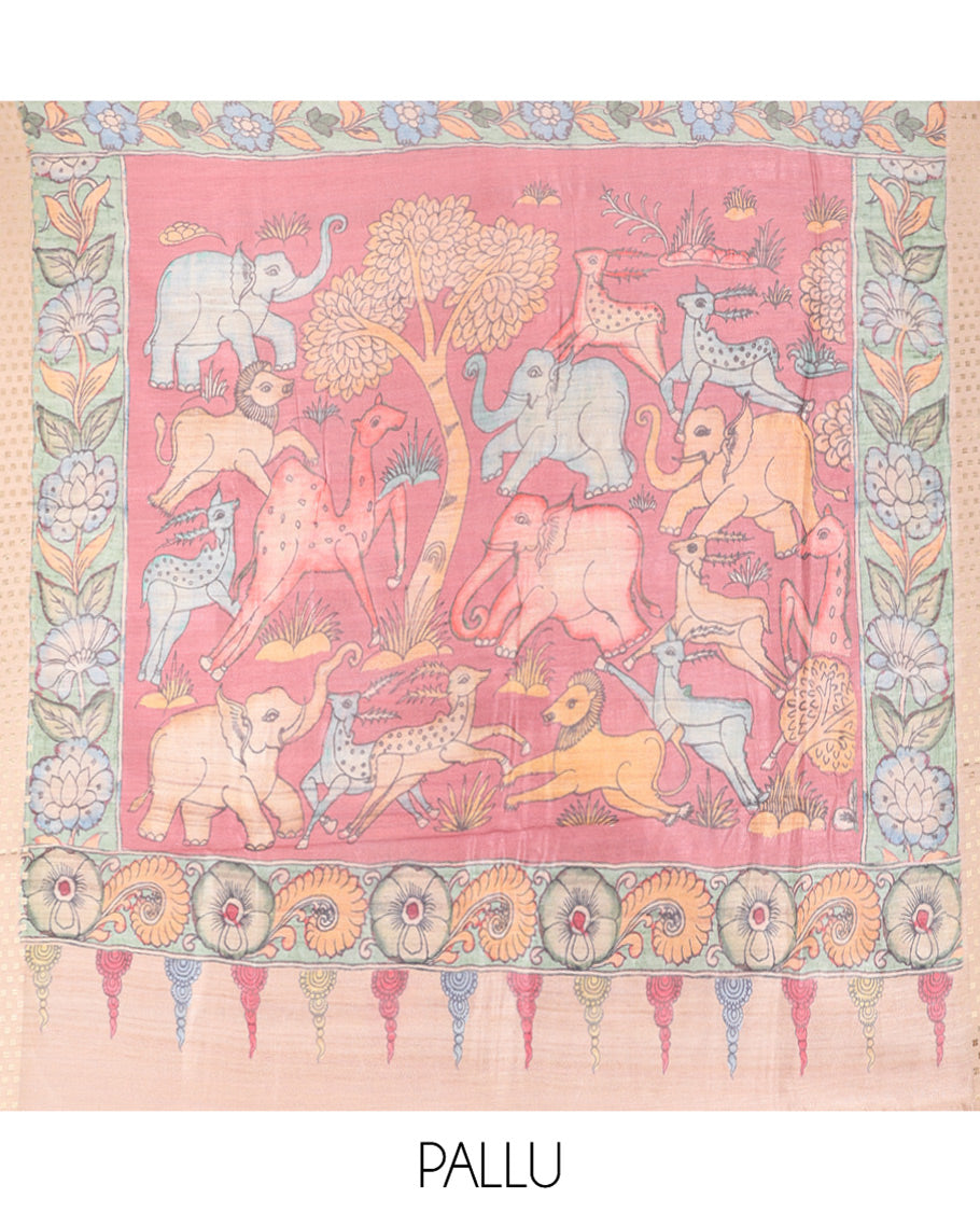 PInk Plain Fancy Tussar Silk Saree, Contrast Triangle Motif Border, Pallu of Kalamkari Animal Motifs, and Contrast Kalamkari Printed Blouse
