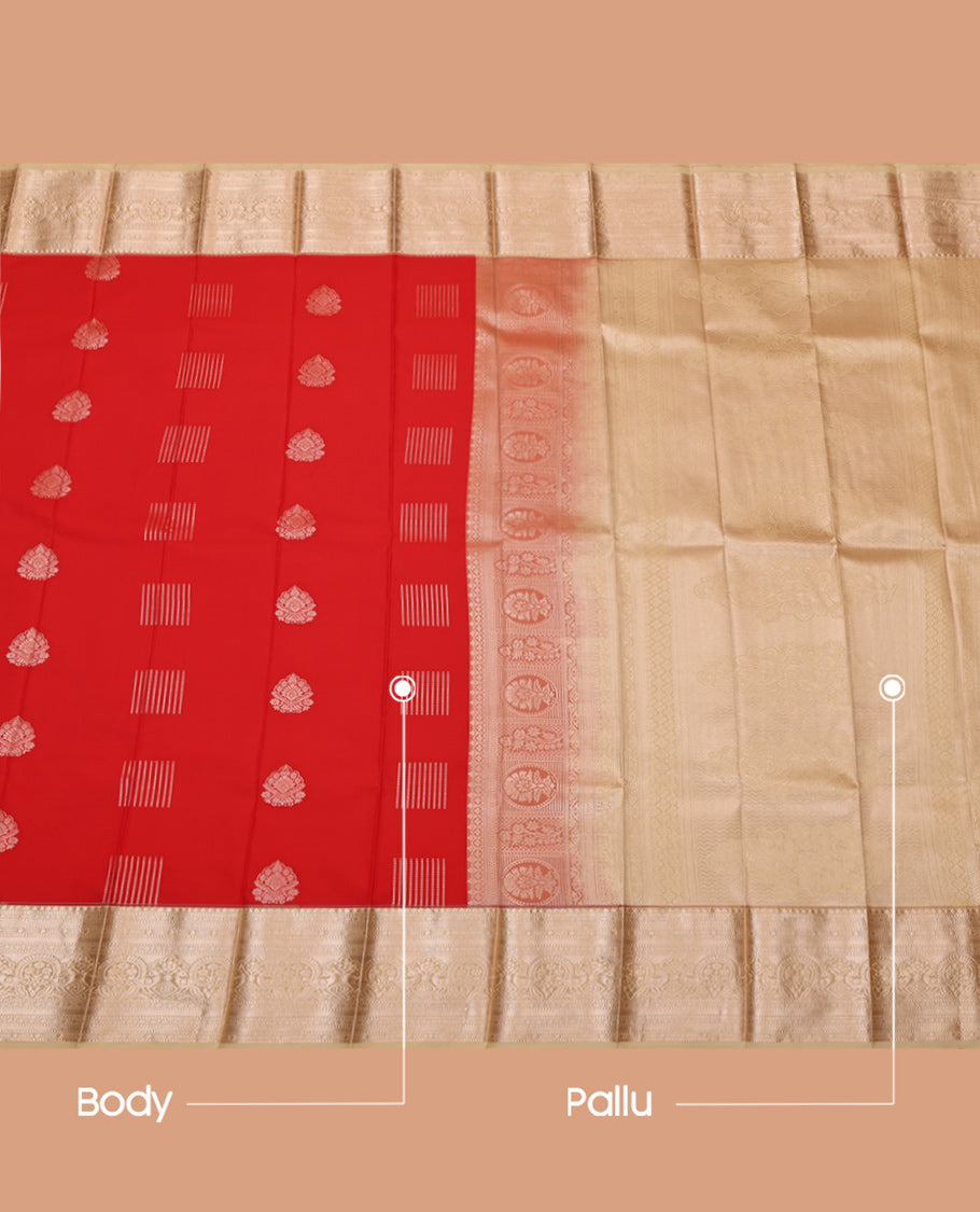 Bright Red Budget Silk Saree, Enthralled with Zari Buttas, Complemented by a Contrast Traditional Zari Border, Grand Pallu, and Contrast Blouse