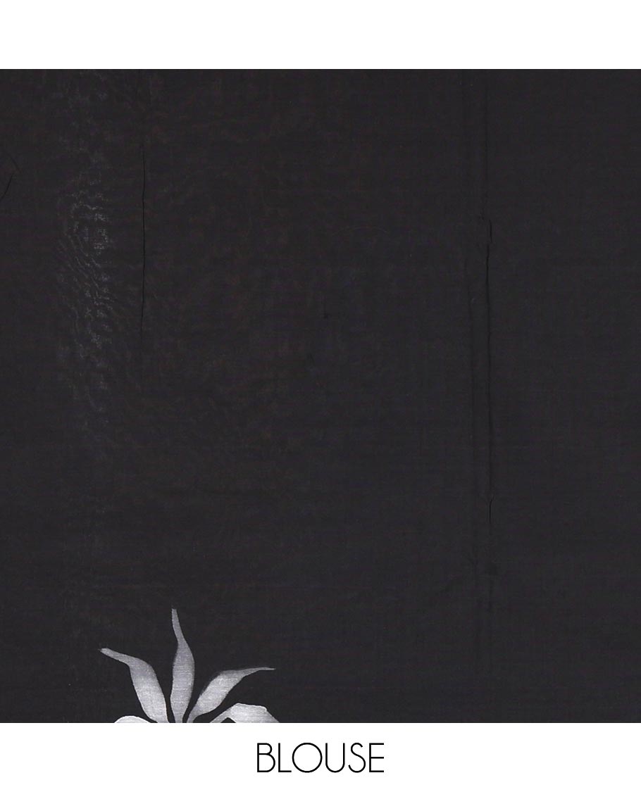 Borderless black floral and dragonfly motifs printed South cotton saree, printed pallu, and a matching floral printed blouse