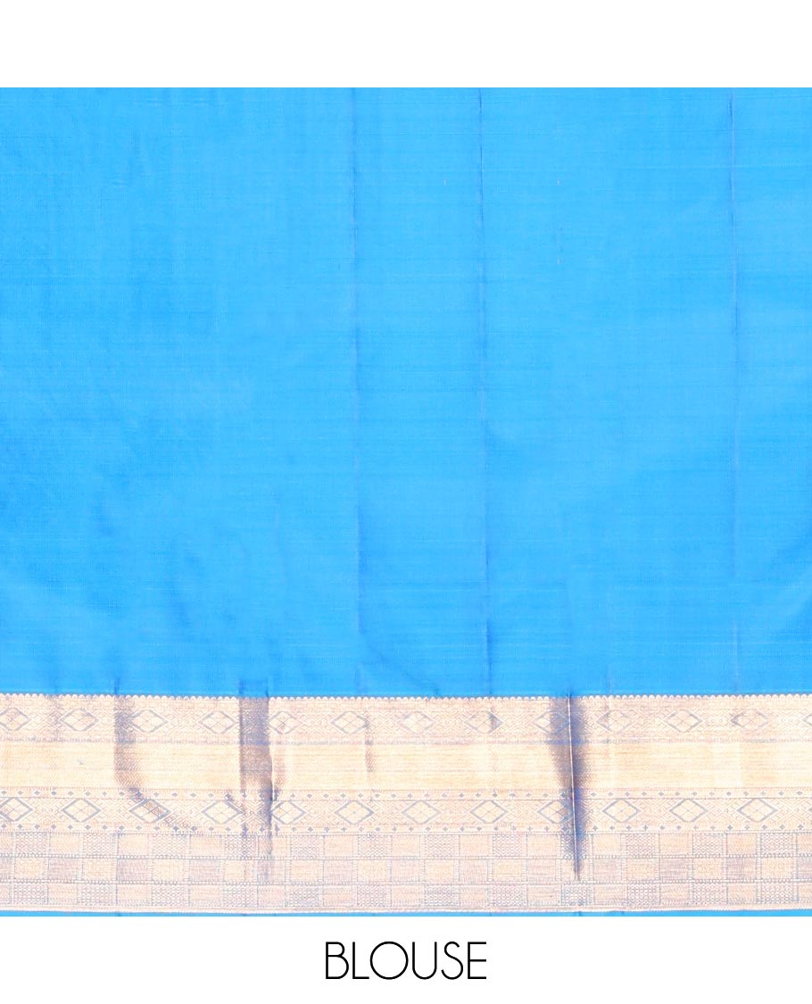 Blue Kanchipuram Wedding Silk Saree, Detailed with Jacquard Design, a Zari Border of Traditional Designs, Grand Pallu, and a Matching Blouse