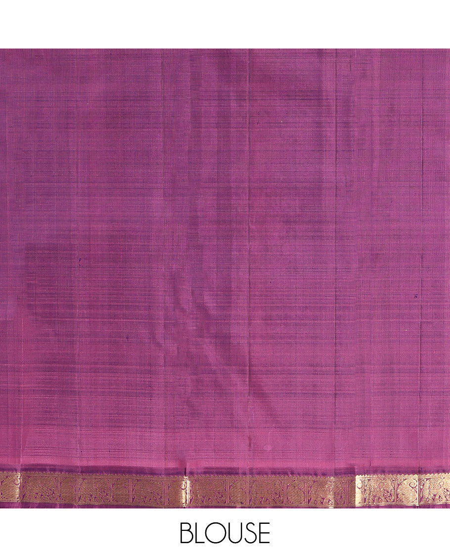Blue Kanchipuram Silk Saree, Elevated with Zari Buttas All Over Its Body, Complemented by a Contrast Border of Rekku, Muthu, Manga, and Yaanai Designs, Grand Jaal Pallu, and Paired with a Contrast Blouse
