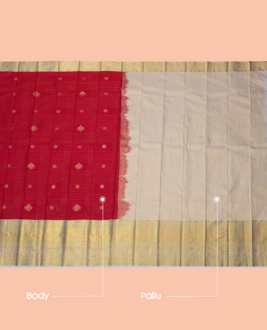 Red Budget Silk Saree, Graced with Zari Butta Enclosed Checks, Complemented by a Contrast Traditional Zari Border, Grand Jaal Pallu, and Contrast Blouse
