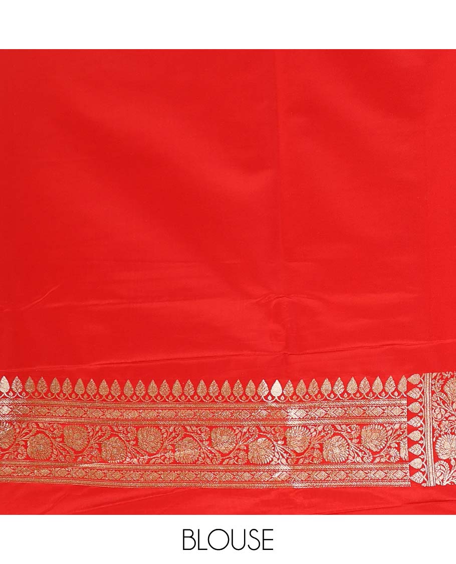 Red semi banaras nylon saree with self floral design border & floral design pallu
