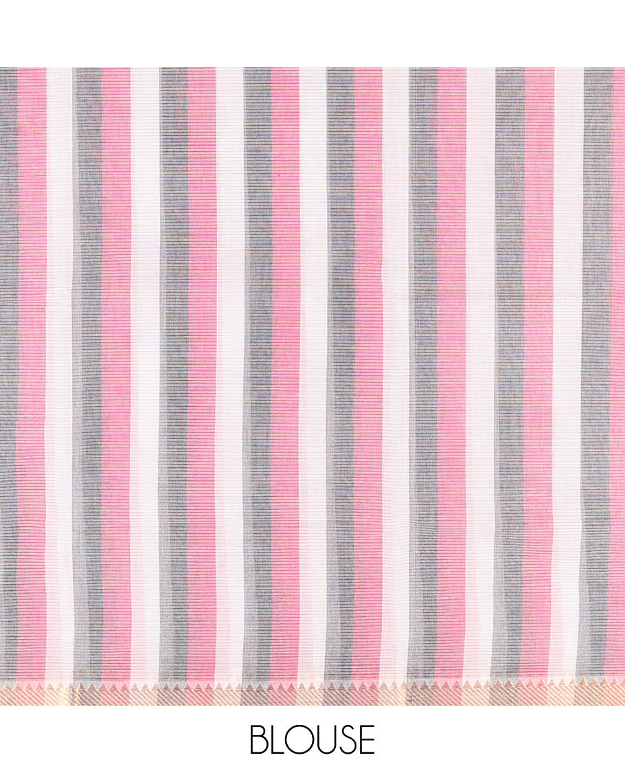 White Plain Andhra Cotton Saree, Mesmerized with Temple Zari Border, Contrast Striped Pallu, and a Contrast Blouse