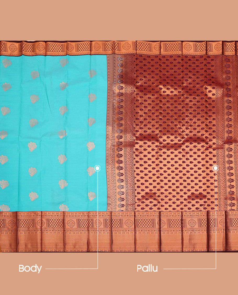 Blue Budget Silk Saree, Woven with Zari Buttas on Its Body, Complemented by a Contrast Traditional Zari Design Border, Pallu Steeped with Floral Designs, and Paired with a Contrast Blouse